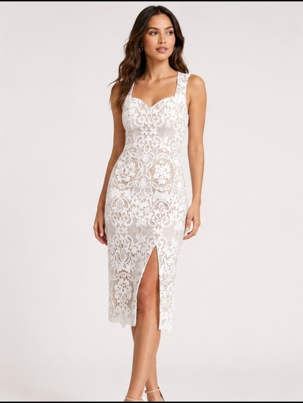 Dress the Population White Lace Midi Dress with Sweetheart Neckline